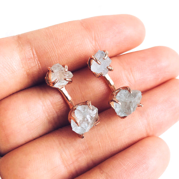 Raw Aquamarine Dual Stud Earrings in Rose Gold - Crystal Of A Kind