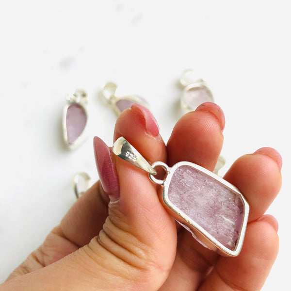 Raw Kunzite Pendant in 925 Sterling Silver