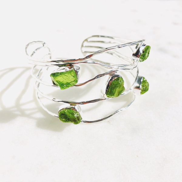 Raw Peridot Bangle in 925 Sterling Silver - Crystal Of A Kind