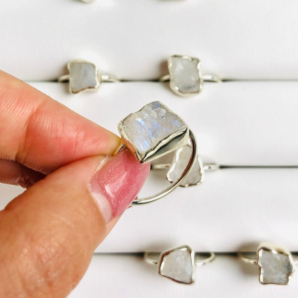 Fine Raw Moonstone Gemstone Ring in 925 Sterling Silver