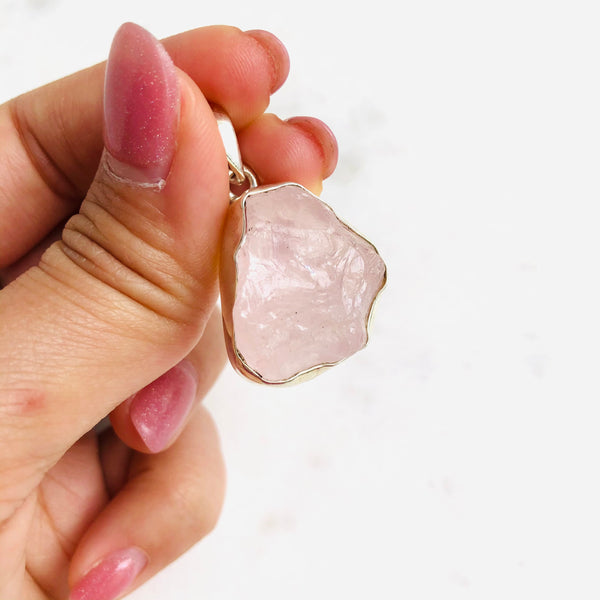 Raw Rose Quartz Pendant in 925 Sterling Silver - Crystal Of A Kind