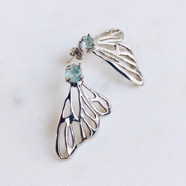 Raw Aquamarine Butterfly Earrings in Silver - Crystal Of A Kind