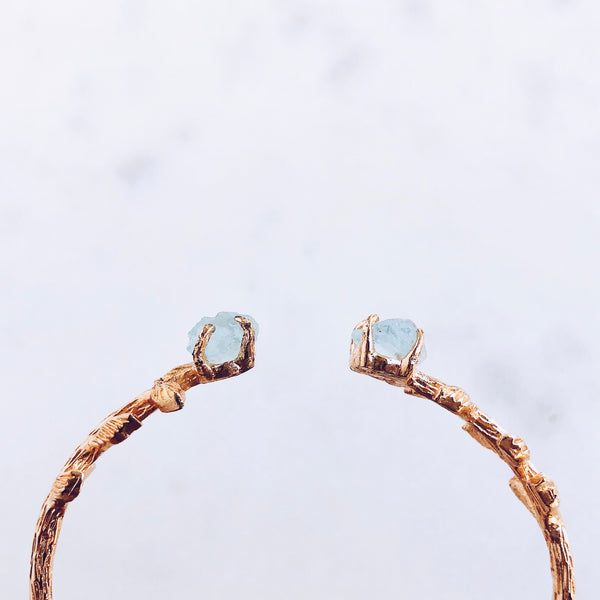 Raw Aquamarine Leaves Bangle in Rose Gold - Crystal Of A Kind