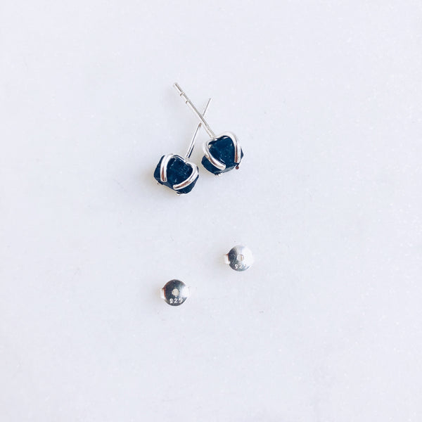 Raw Sapphire Stud Earrings in 925 Sterling Silver - Crystal Of A Kind