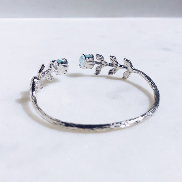 Raw Aquamarine Leaves Bangle in Silver - Crystal Of A Kind