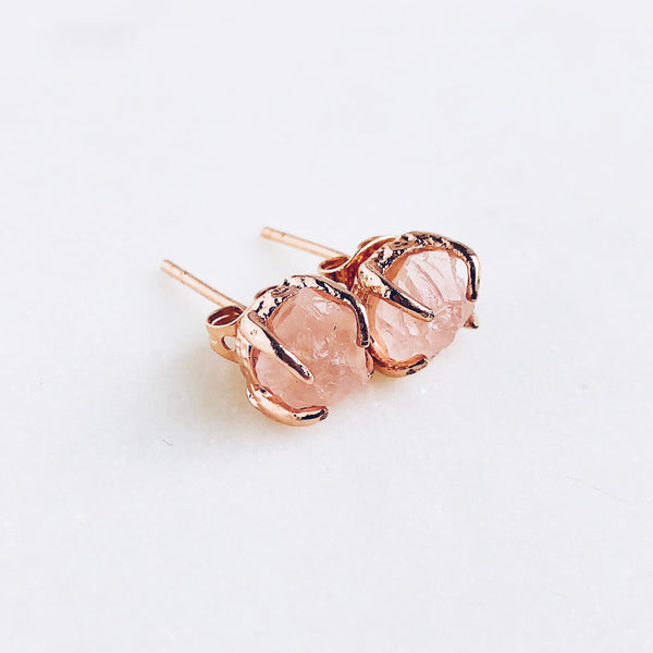 Raw Rose Quartz Stud Earrings in Rose Gold - Crystal Of A Kind