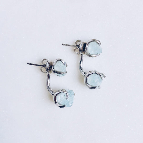 Raw Aquamarine Dual Stud Earrings in Silver - Crystal Of A Kind