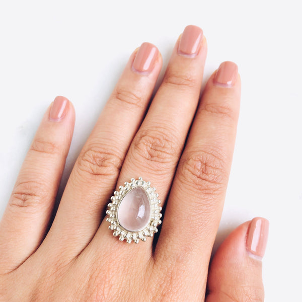 Rose Quartz Solaris Teardrop Ring in 925 Sterling Silver - Crystal Of A Kind
