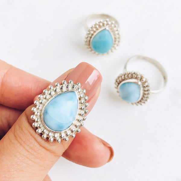Larimar Solaris Teardrop Ring in 925 Sterling Silver - Crystal Of A Kind