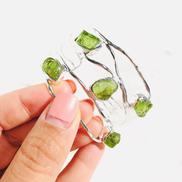 Raw Peridot Bangle in 925 Sterling Silver - Crystal Of A Kind