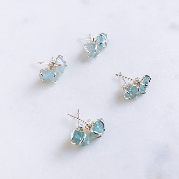 Raw Aquamarine Stud Earrings in 925 Sterling Silver - Crystal Of A Kind