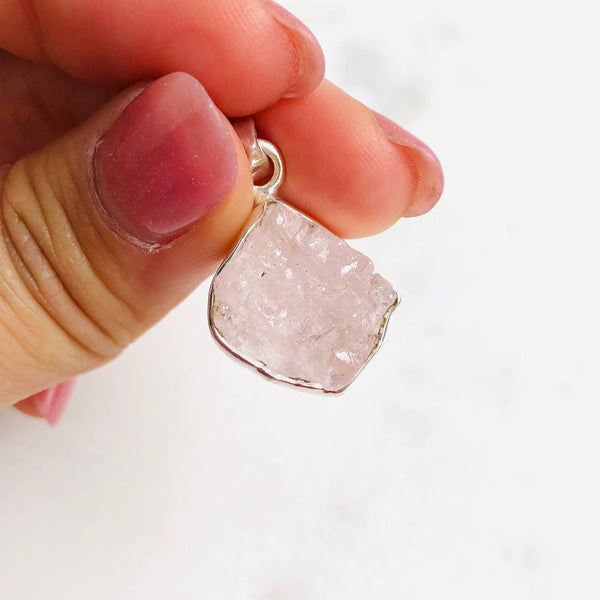 Raw Rose Quartz Pendant in 925 Sterling Silver - Crystal Of A Kind