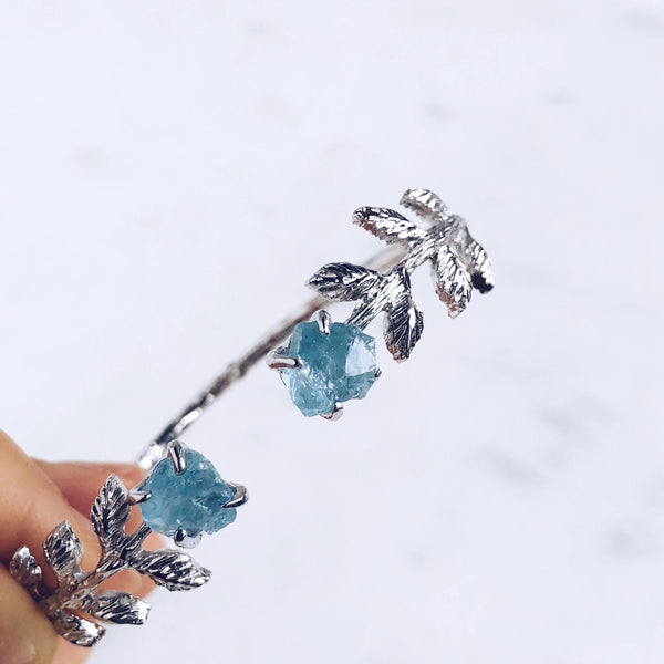 Raw Aquamarine Leaves Bangle in Silver - Crystal Of A Kind