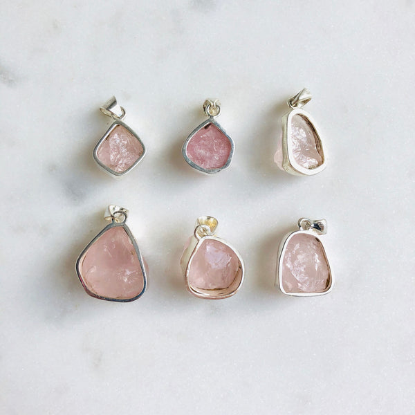 Raw Rose Quartz Pendant in 925 Sterling Silver - Crystal Of A Kind