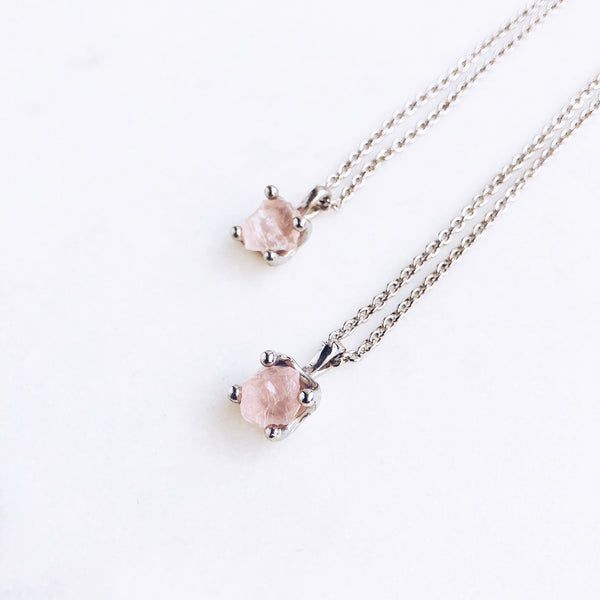 Raw Rose Quartz Necklace in Silver - Crystal Of A Kind