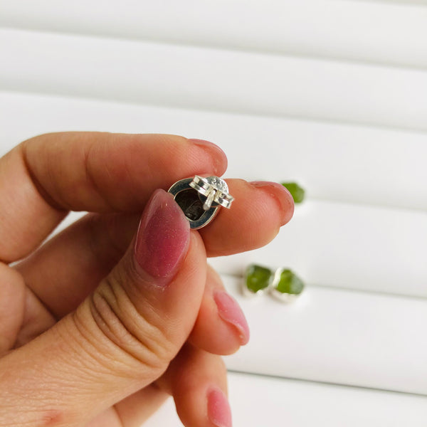 Raw Peridot Stud Earrings in 925 Sterling Silver - Crystal Of A Kind