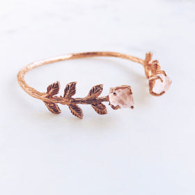 Raw Rose Quartz Leaves Bangle in Rose Gold - Crystal Of A Kind