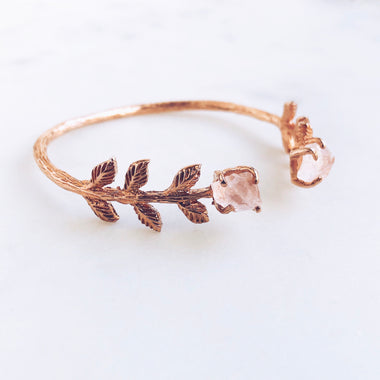 Raw Rose Quartz Leaves Bangle in Rose Gold - Crystal Of A Kind