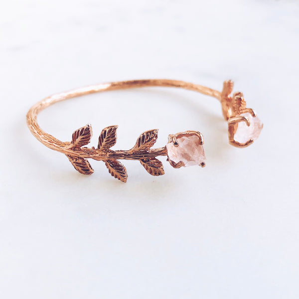 Raw Rose Quartz Leaves Bangle in Rose Gold - Crystal Of A Kind