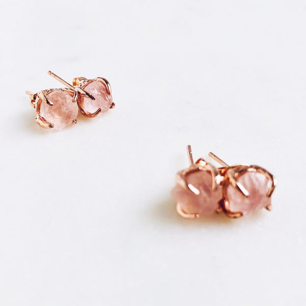 Raw Rose Quartz Stud Earrings in Rose Gold - Crystal Of A Kind