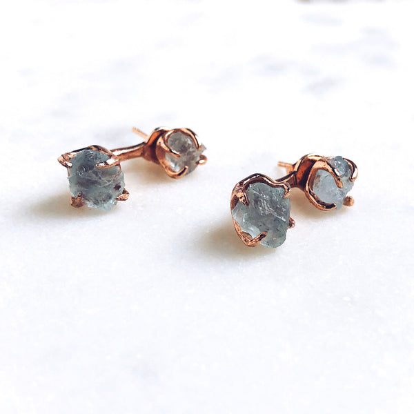 Raw Aquamarine Dual Stud Earrings in Rose Gold - Crystal Of A Kind
