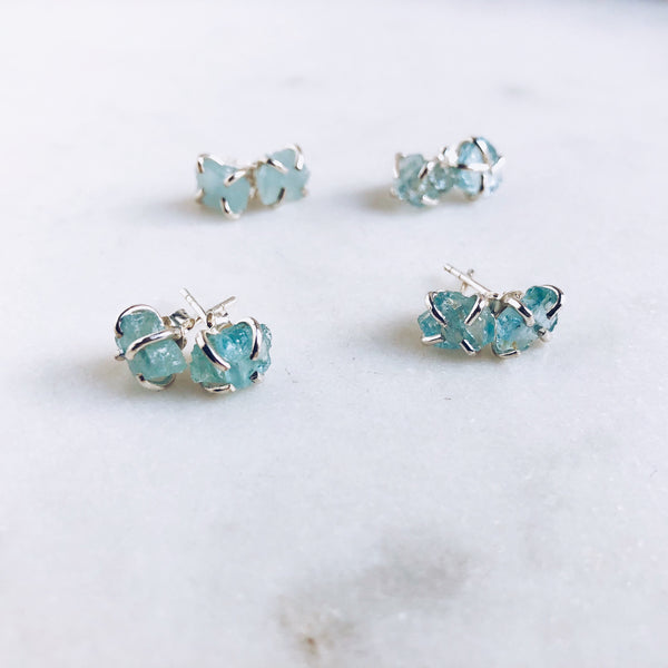 Raw Aquamarine Stud Earrings in 925 Sterling Silver - Crystal Of A Kind