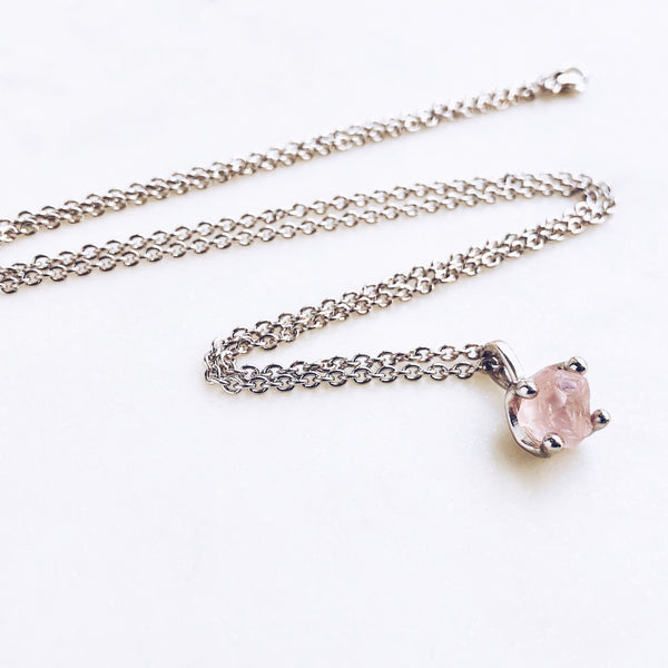Raw Rose Quartz Necklace in Silver - Crystal Of A Kind
