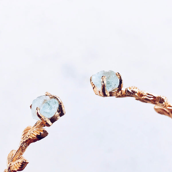Raw Aquamarine Leaves Bangle in Rose Gold - Crystal Of A Kind