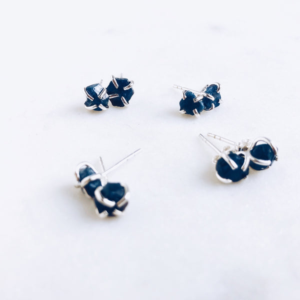 Raw Sapphire Stud Earrings in 925 Sterling Silver - Crystal Of A Kind