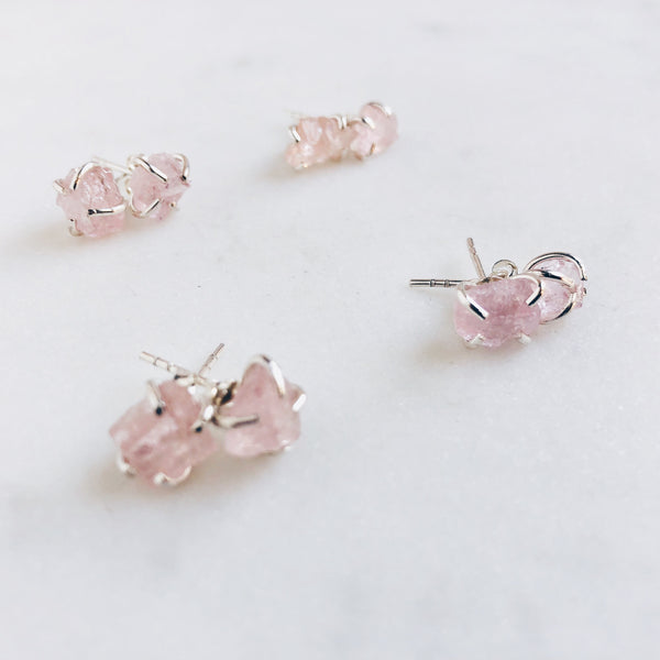 Raw Morganite Stud Earrings in 925 Sterling Silver - Crystal Of A Kind