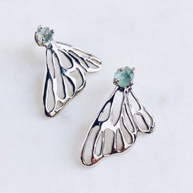 Raw Aquamarine Butterfly Earrings in Silver - Crystal Of A Kind