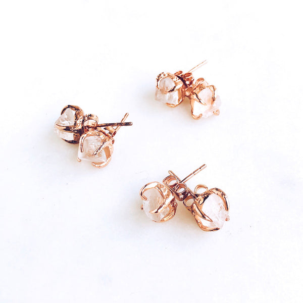 Raw White Topaz Stud Earrings in Rose Gold - Crystal Of A Kind