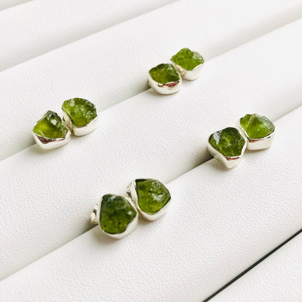Raw Peridot Stud Earrings in 925 Sterling Silver - Crystal Of A Kind