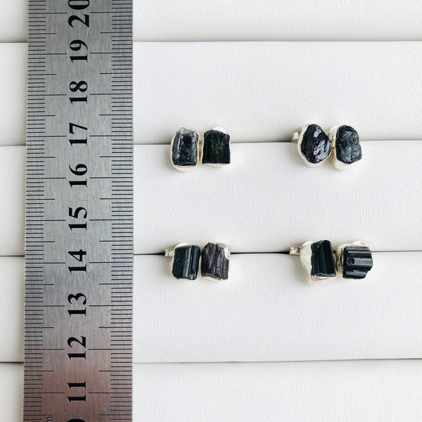 Raw Black Tourmaline Stud Earrings in 925 Sterling Silver