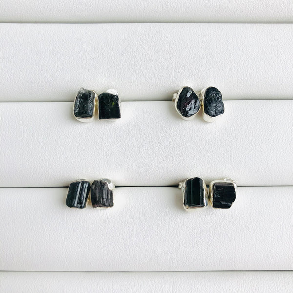Raw Black Tourmaline Stud Earrings in 925 Sterling Silver