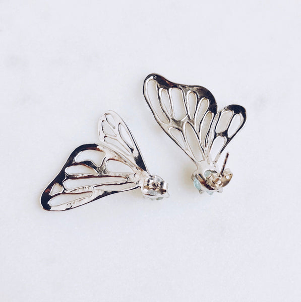 Raw Aquamarine Butterfly Earrings in Silver - Crystal Of A Kind