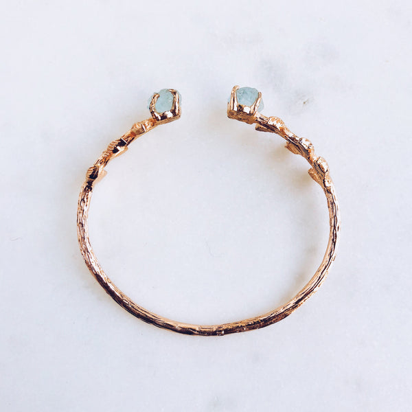 Raw Aquamarine Leaves Bangle in Rose Gold - Crystal Of A Kind