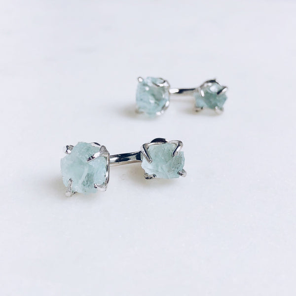 Raw Aquamarine Dual Stud Earrings in Silver - Crystal Of A Kind