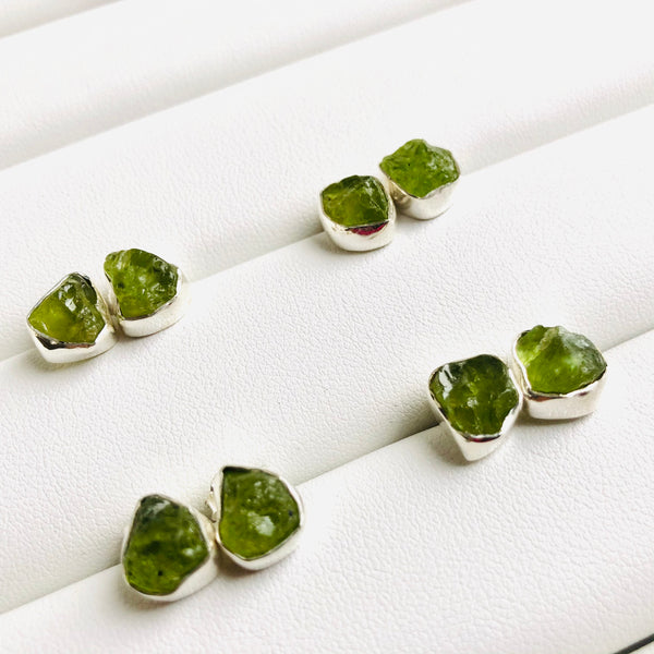 Raw Peridot Stud Earrings in 925 Sterling Silver - Crystal Of A Kind