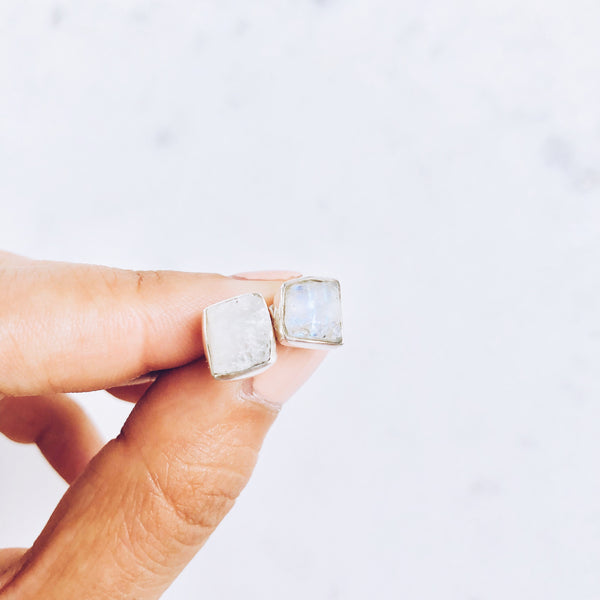 Raw Moonstone Stud Earrings in 925 Sterling Silver - Crystal Of A Kind