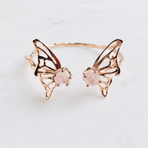 Raw Rose Quartz Butterfly Bangle in Rose Gold - Crystal Of A Kind