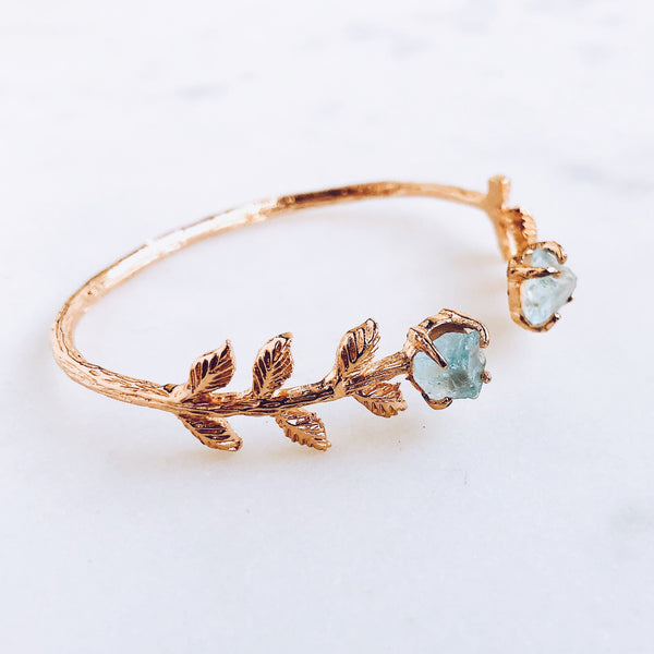 Raw Aquamarine Leaves Bangle in Rose Gold - Crystal Of A Kind