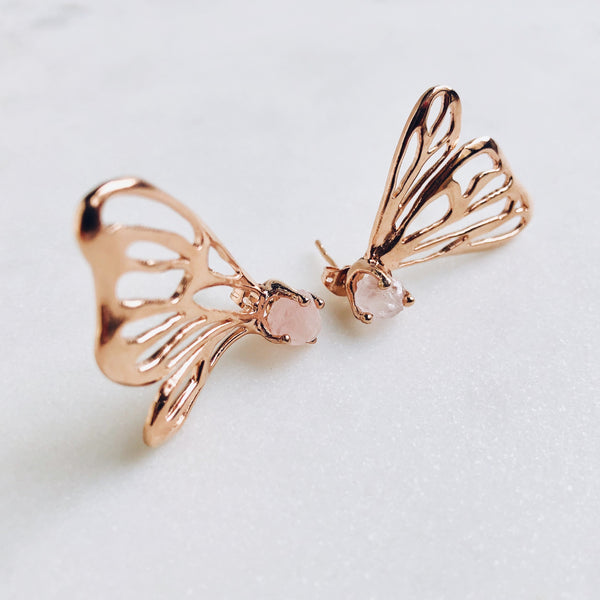 Raw Rose Quartz Butterfly Earrings in Rose Gold * Pre-order only* - Crystal Of A Kind