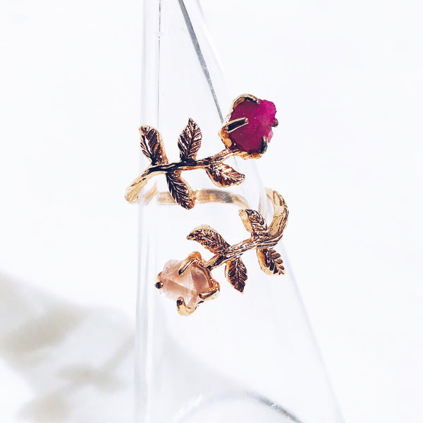 Raw Ruby & Rose Quartz Twisted Leaves Ring in Rose Gold - Crystal Of A Kind