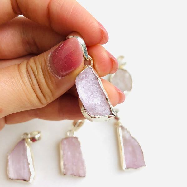 Raw Kunzite Pendant in 925 Sterling Silver