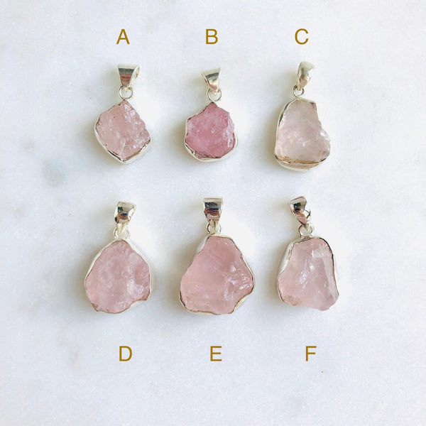 Raw Rose Quartz Pendant in 925 Sterling Silver - Crystal Of A Kind