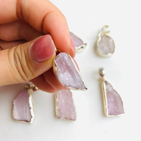Raw Kunzite Pendant in 925 Sterling Silver
