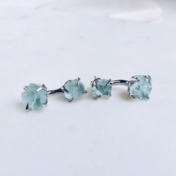 Raw Aquamarine Dual Stud Earrings in Silver - Crystal Of A Kind