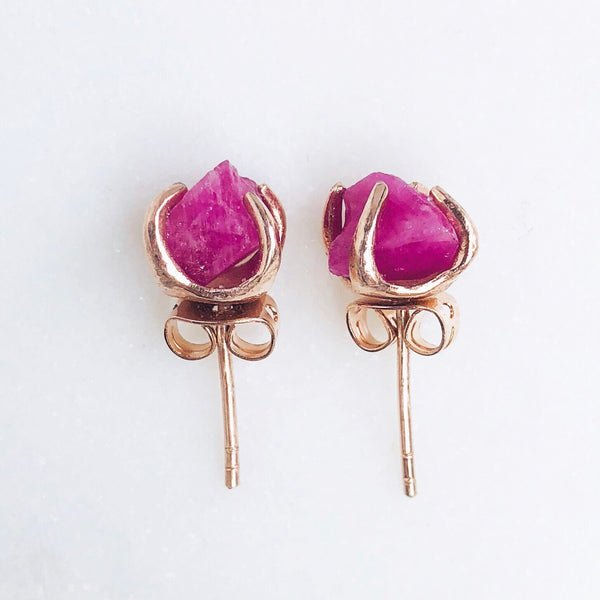 Raw Ruby Stud Earrings in Rose Gold - Crystal Of A Kind