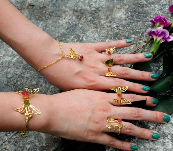 Raw Rose Quartz Butterfly Bangle in Rose Gold - Crystal Of A Kind